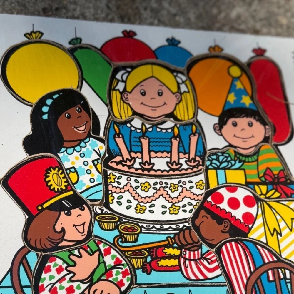 Vintage 70s Playskool‎ Birthday Party Wood Inset Puzzle 17 Piece Toy nostalgia